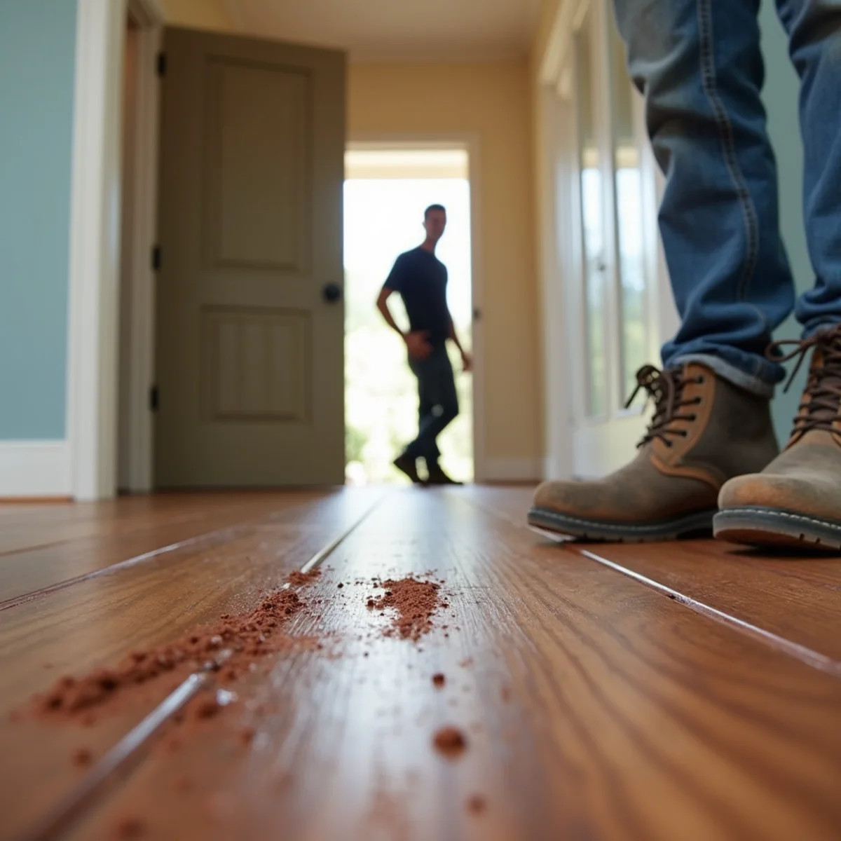 Red clay tracked onto flooring near the entry of a Walnut Grove, GA home