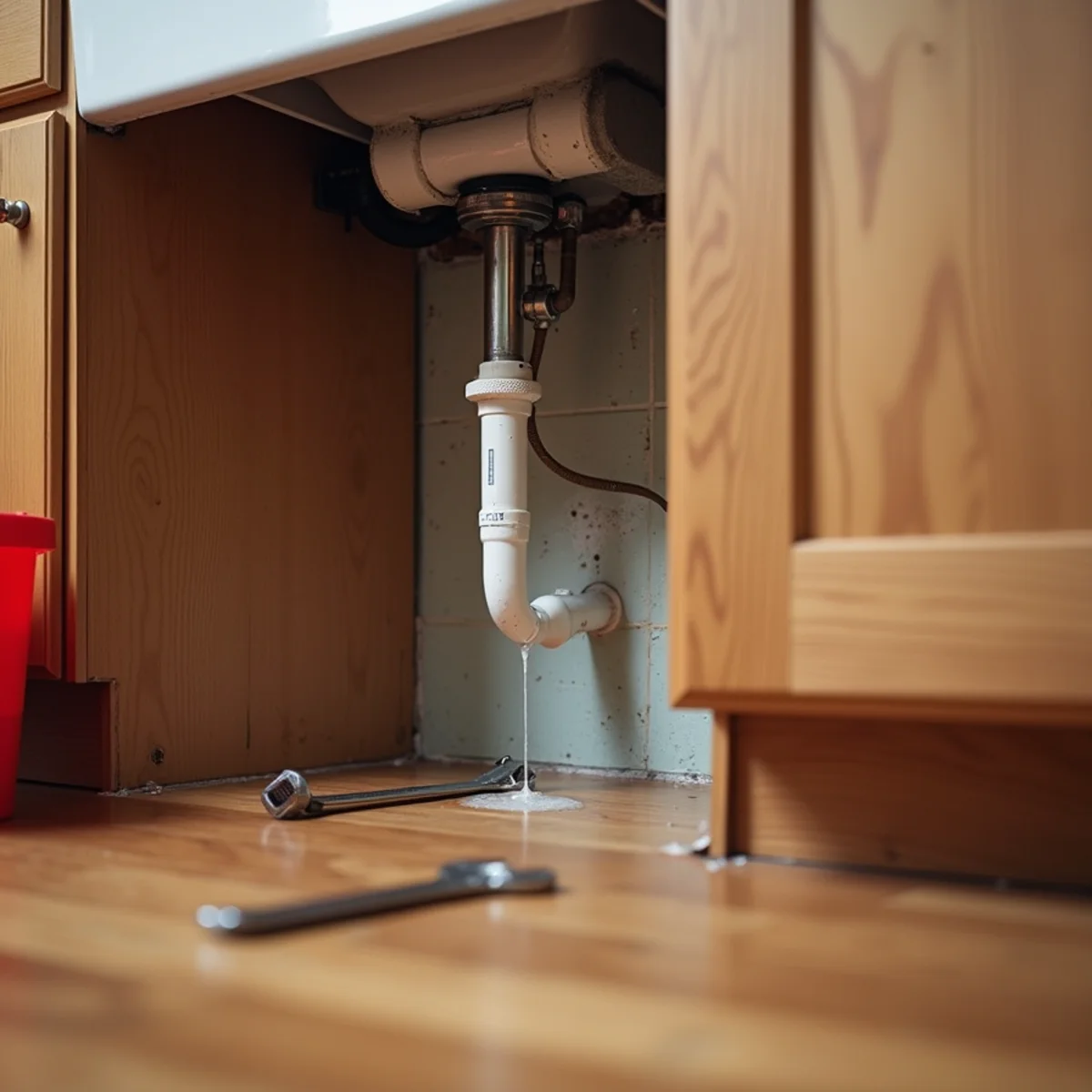 Water spreading across hardwood flooring from a burst pipe in a Walton County, GA home