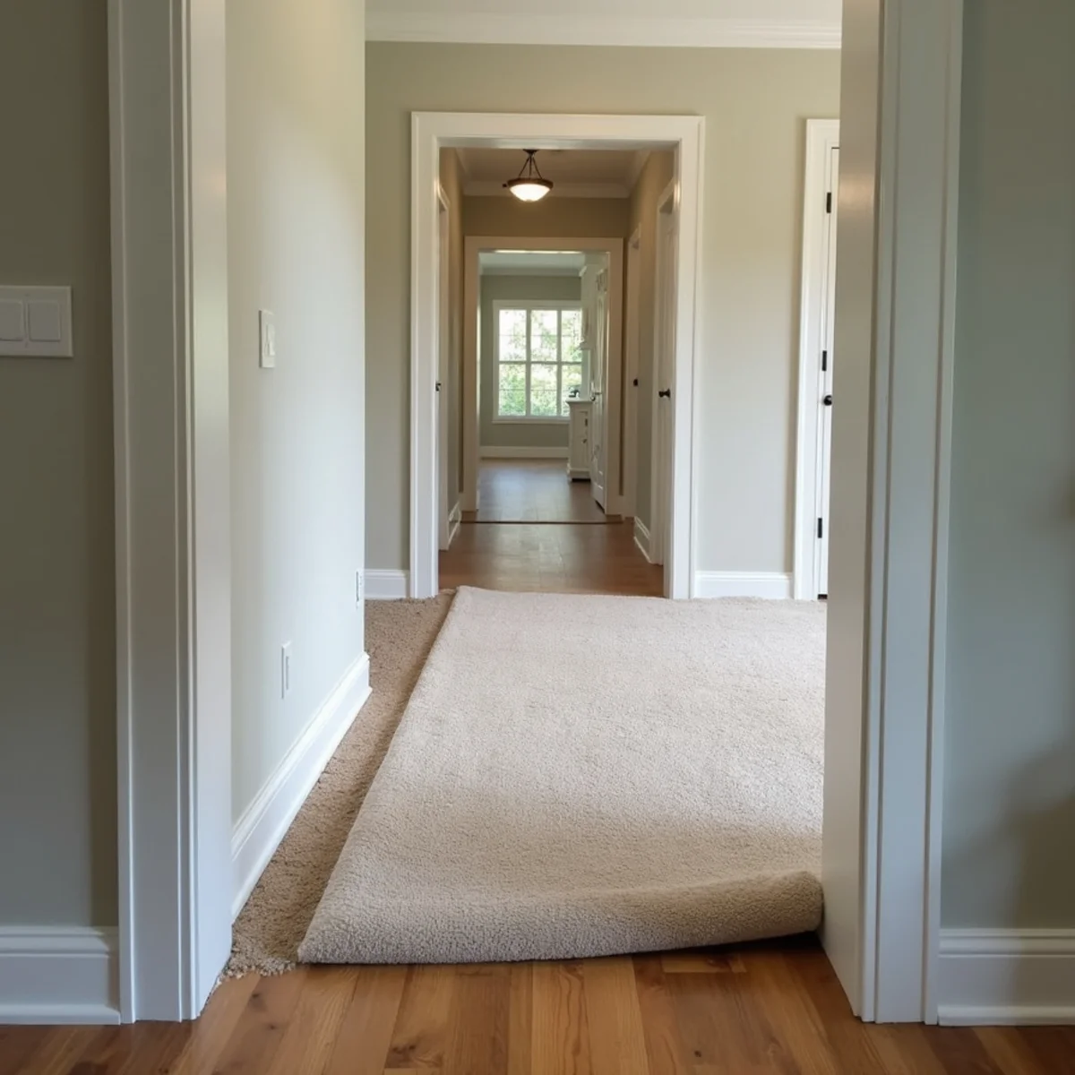 Old carpet being replaced with luxury vinyl plank in a Winder, GA subdivision home