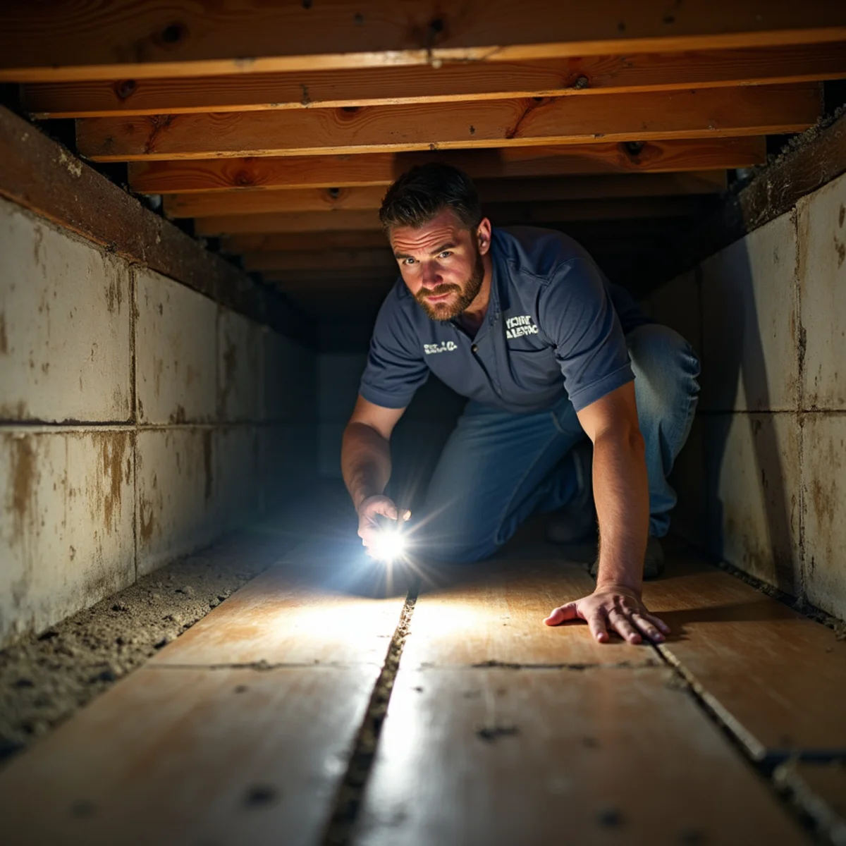 Damp crawlspace with exposed joists under a pre-1990 home in Maysville, GA