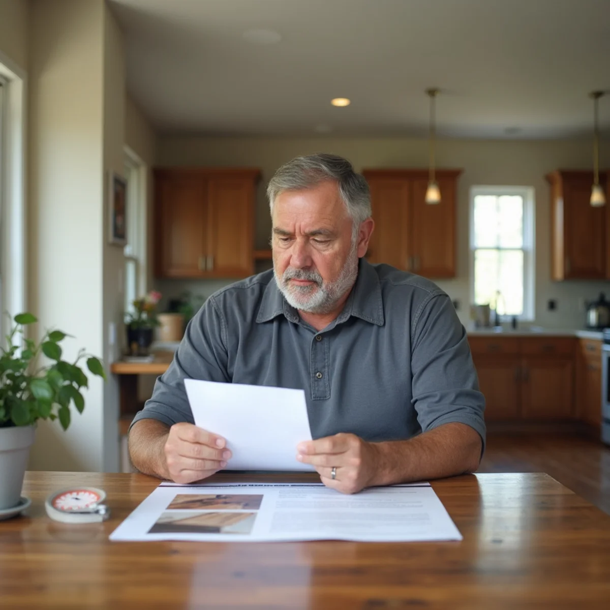 Homeowner reviewing an insurance policy over water-damaged flooring in Lawrenceville, GA