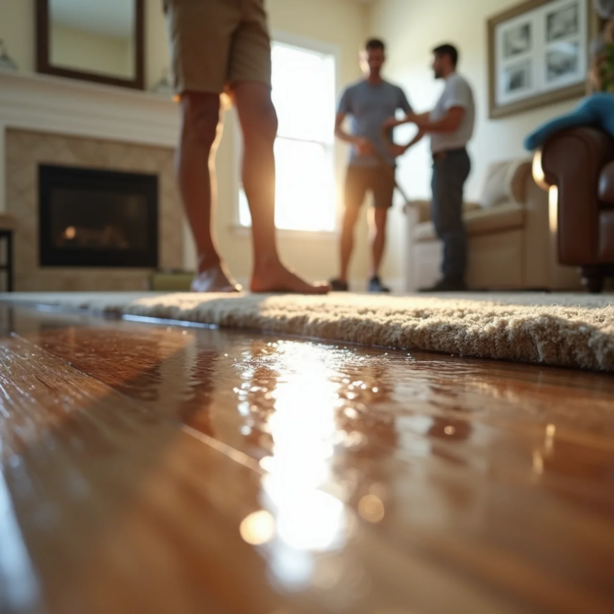 Standing water on hardwood flooring in a Monroe, GA living room after a flood