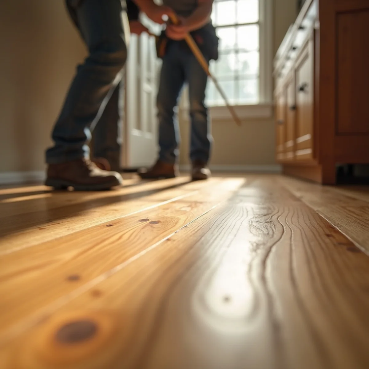 Close-up of cupped hardwood floor boards in a humid Madison, GA home