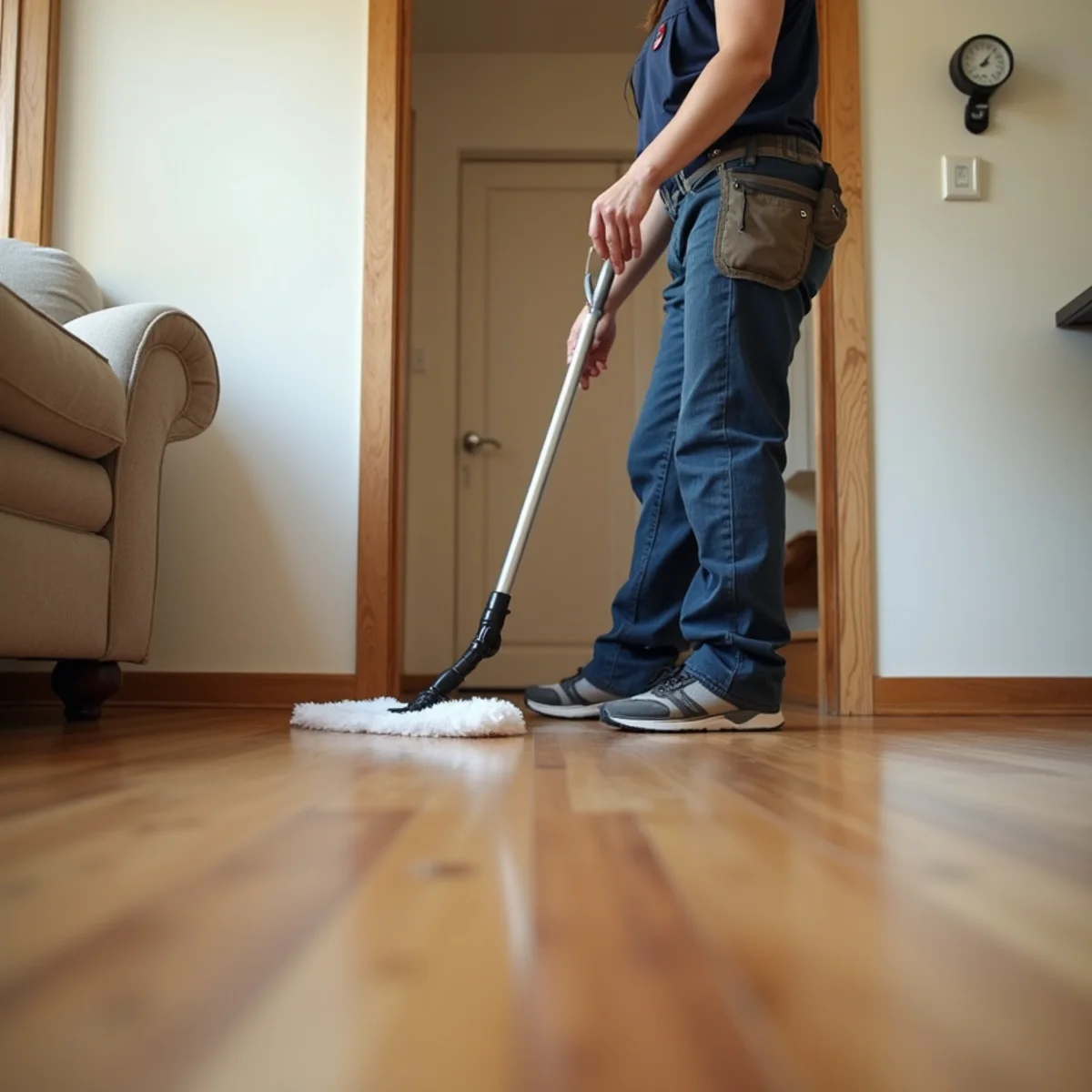 Homeowner maintaining hardwood floors in a Walton County, GA home