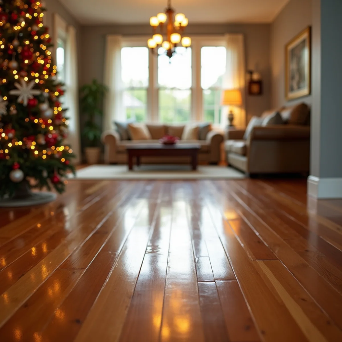 Freshly refinished hardwood floor ready for holiday guests in a Watkinsville, GA home