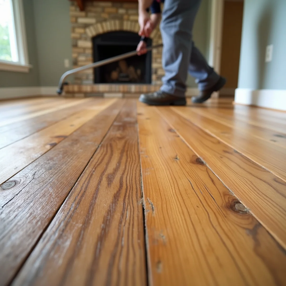Freshly refinished hardwood floor next to worn boards in a Decatur, GA home