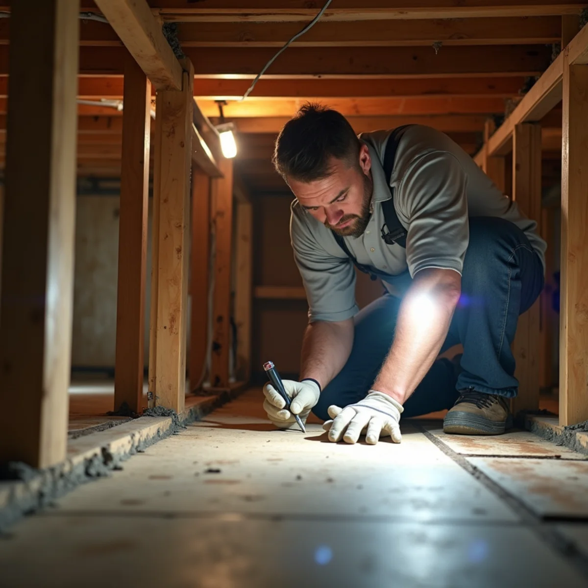 Subfloor and joists being inspected from a crawlspace in a Campton, GA home