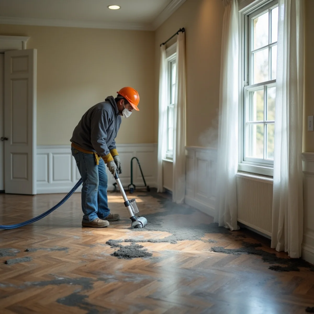 Smoke-damaged flooring being restored after a house fire in Monroe GA