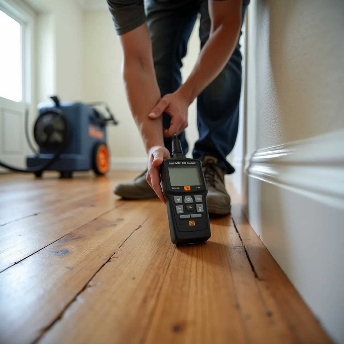 Water-damaged hardwood floor being assessed for repair in a Monroe GA home